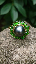Gray Royal Blue Tahitian Pearl  & Green Diamond Ring