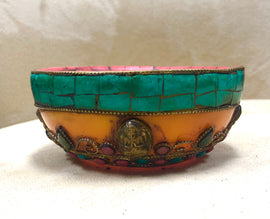 Tibetan Buddhist Bowl Inlaid with brass gemstones and turquoise