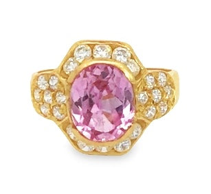 Pink Topaz ring 14K gold surrounded with cubic zirconia