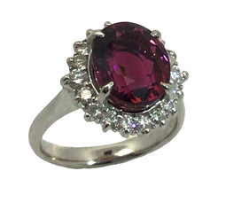 Oval Purple Red Tourmaline Ring platinum gold with diamonds