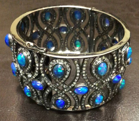 Antique mid victorian Blue opal and diamond filigree bracelet