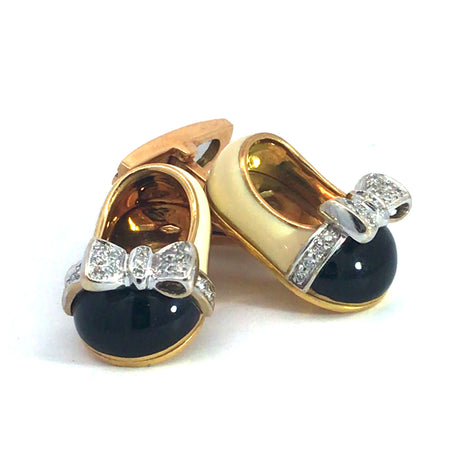 Baby shoe cufflinks Aaron Basha 18k yellow gold and black enamel 40 diamonds