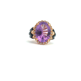 Unique Fantasy Cut Amethyst with Onyx and Diamond in 18K Rose Gold - with GIA Certification