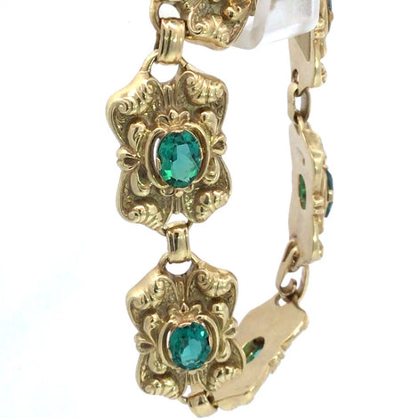 14kt stamped 585 yellow gold and natural green tourmaline bracelet German from the 1930's