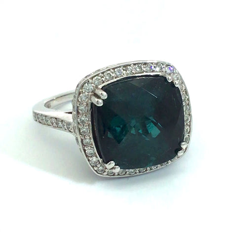 Natural deep Blue Green Tourmaline and Diamond white gold Ring