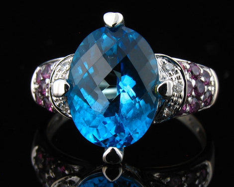 6ctw Blue & Pink Topaz & Diamond 14K White Gold Ring