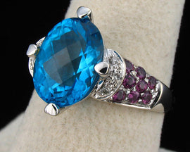 6ctw Blue & Pink Topaz & Diamond 14K White Gold Ring