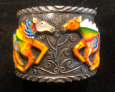 Delbert Chatter, Navajo inlay horse on sterling silver XL cuff