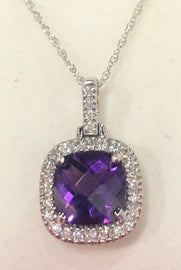 2.00ct cushion cut purple amethyst & 28 diamond pendant 14k white gold