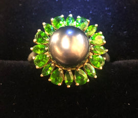 Gray Royal Blue Tahitian Pearl  & Green Diamond Ring